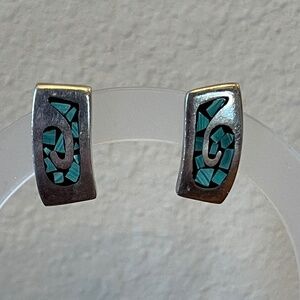 Vintage Pair of 950 Sterling Silver Turquoise Inlaid Post Earrings Signed